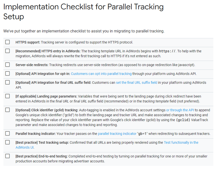 Google Parallel Tracking Checklist