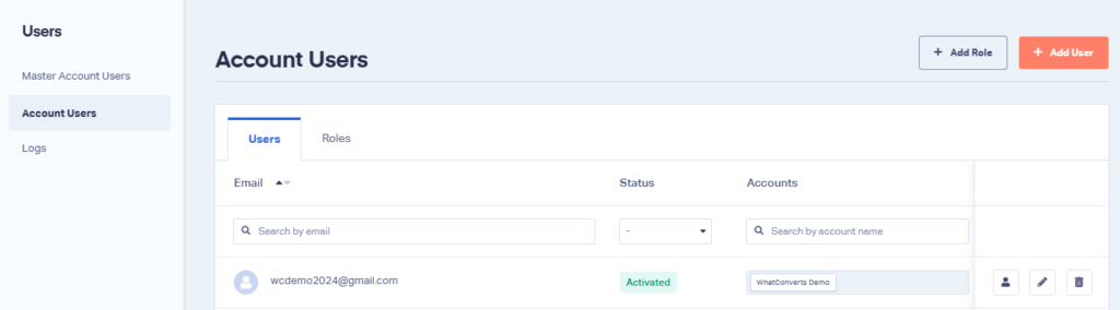 Screenshot of the Account Users page.