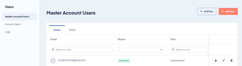 Screenshot of the Master Account Users page.