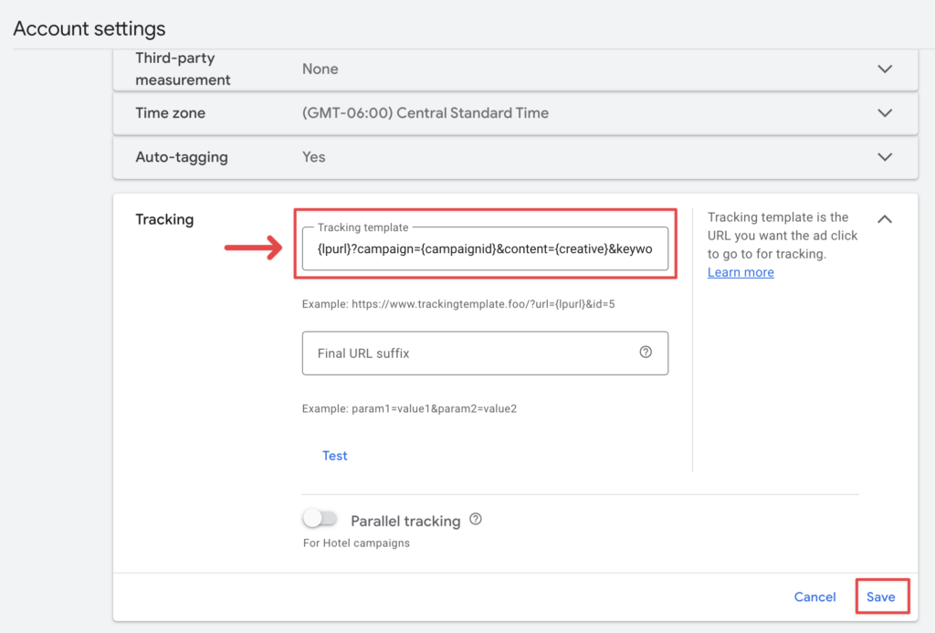 Screenshot of the Account settings page in Google Ads, highlighting the Tracking section with the WhatConverts tracking template entered in the Tracking template field.