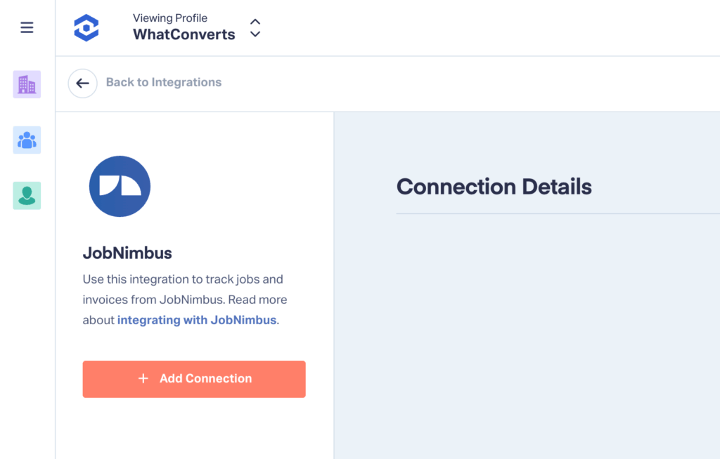 Screenshot showing the JobNimbus connection in WhatConverts.