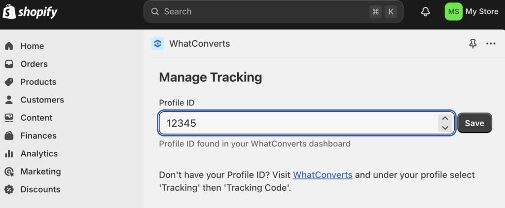 Screenshot of the WhatConverts Shopify app setup screen