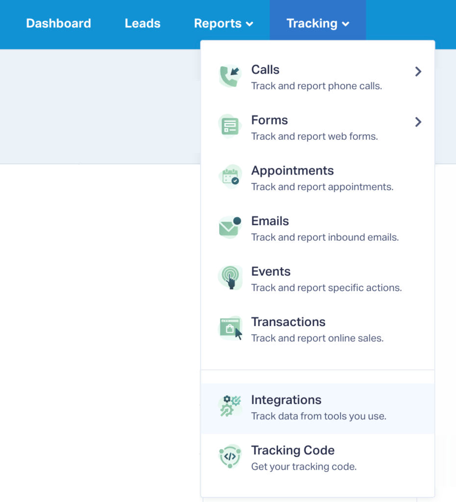 Integrations Menu Selection