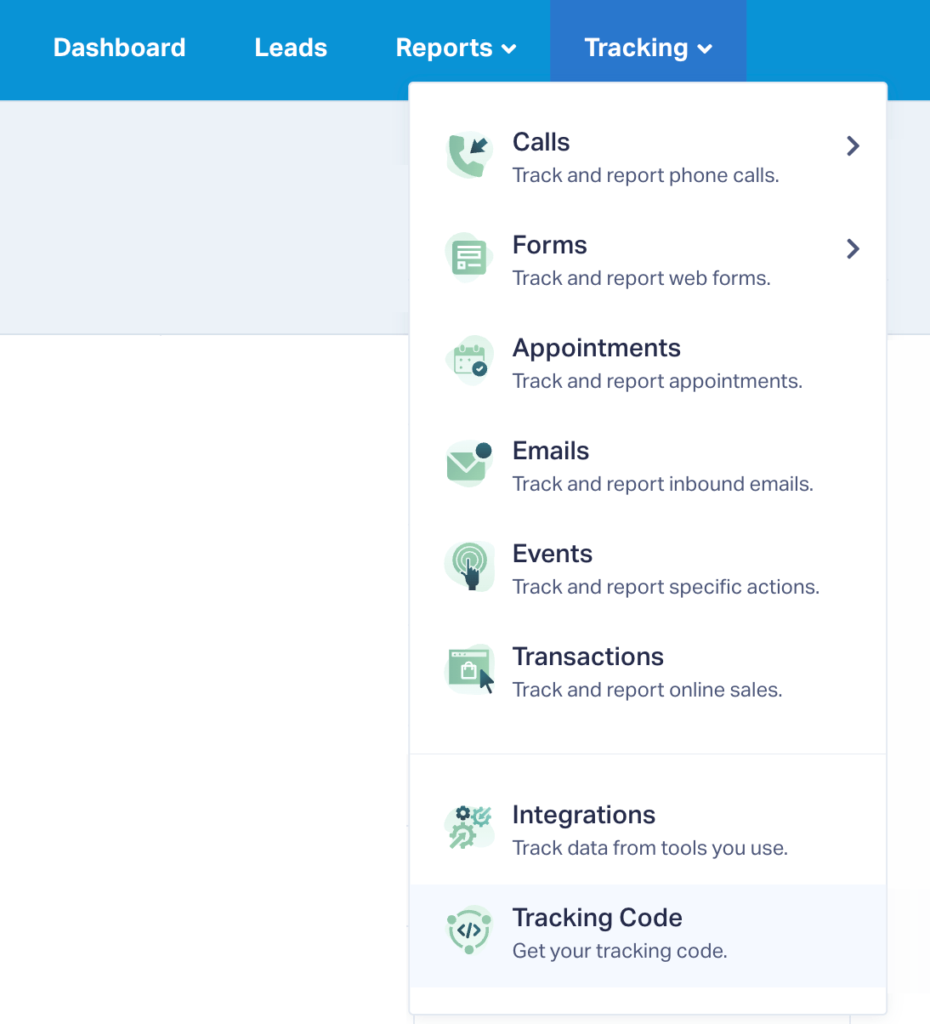 Screenshot of the tracking code menu.