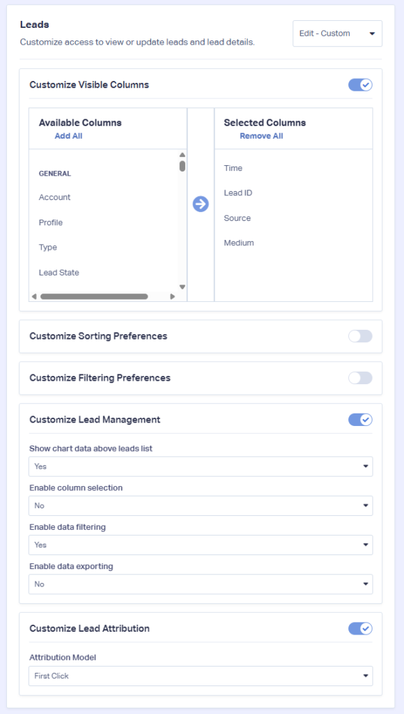 Leads “Edit – Custom” access level screen showing configuration options.