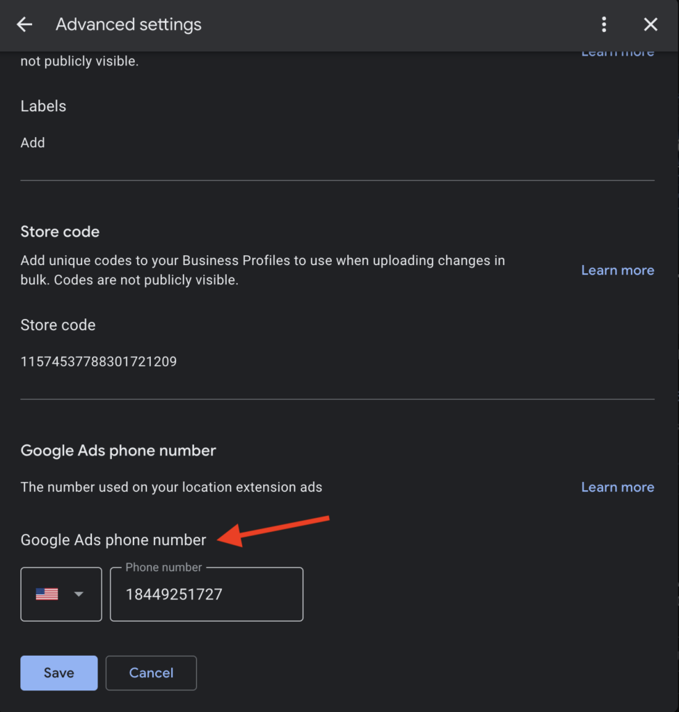 Screenshot of Google My Business settings.