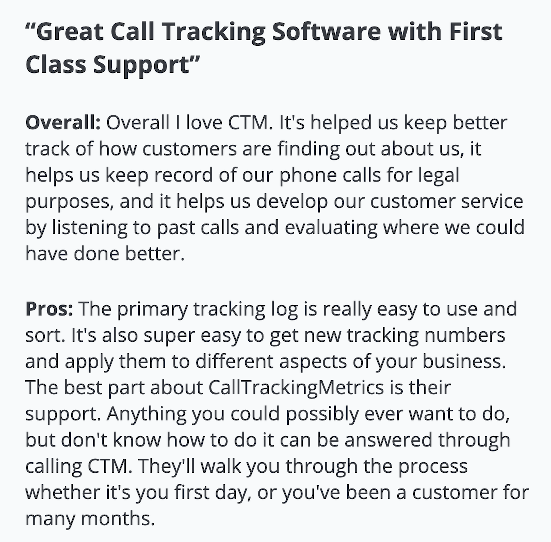 CallTrackingMetrics review: "Great call tracking software with first class support"