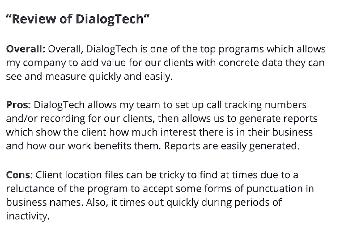 DialogTech review: "Top programs with concrete data they can see and measure quickly." 