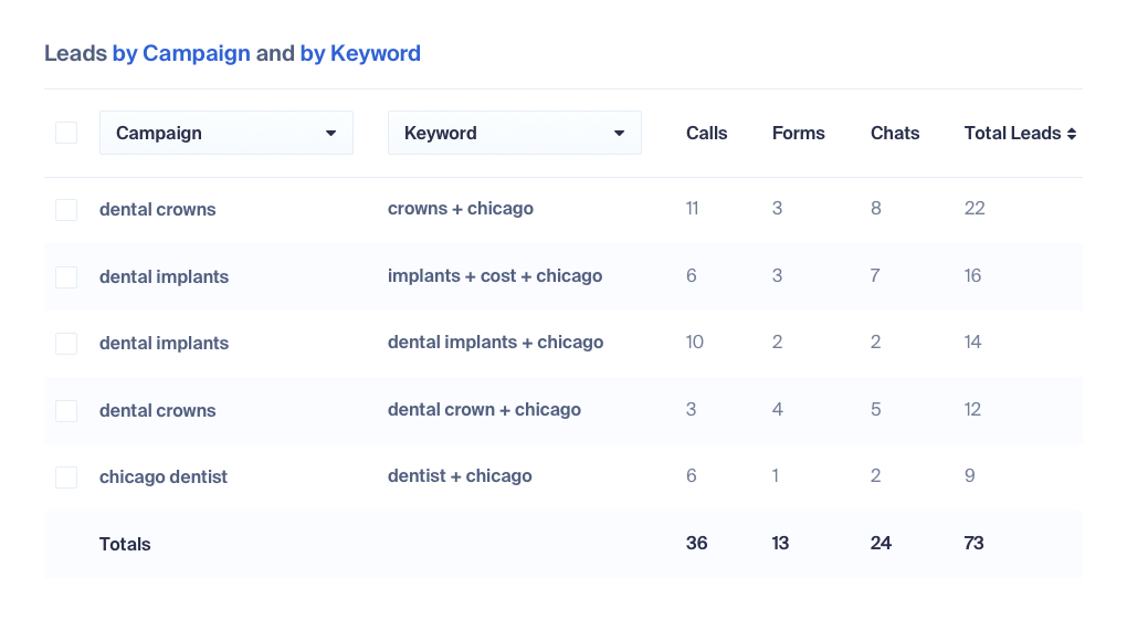 WhatConverts Leads by Campaign and Keyword