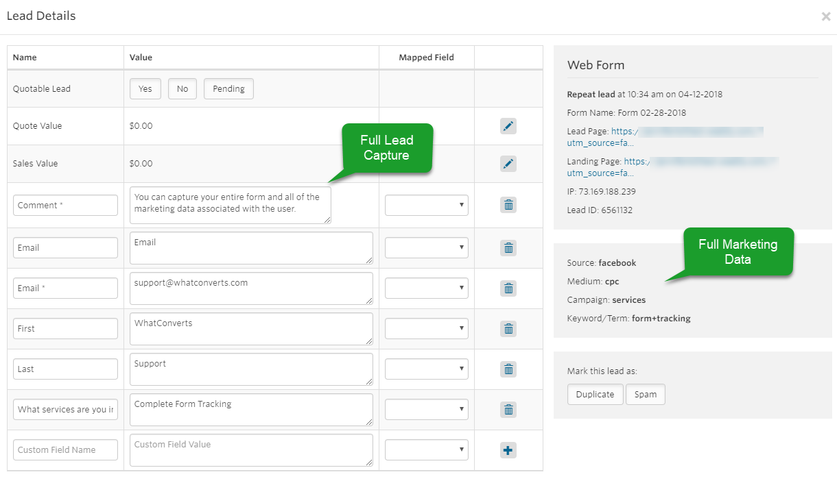 Full lead capture and full marketing data is available in WhatConverts