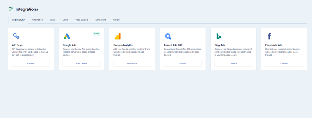 Screenshot of the integrations panel