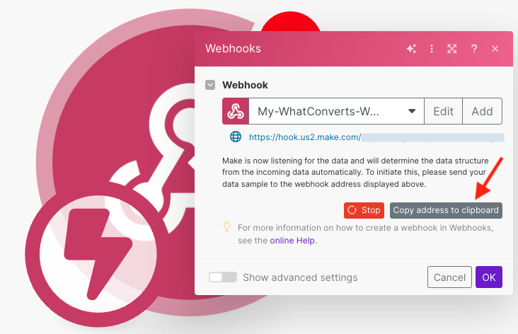 Screenshot of the "copy webhook address to clipboard" pop-up