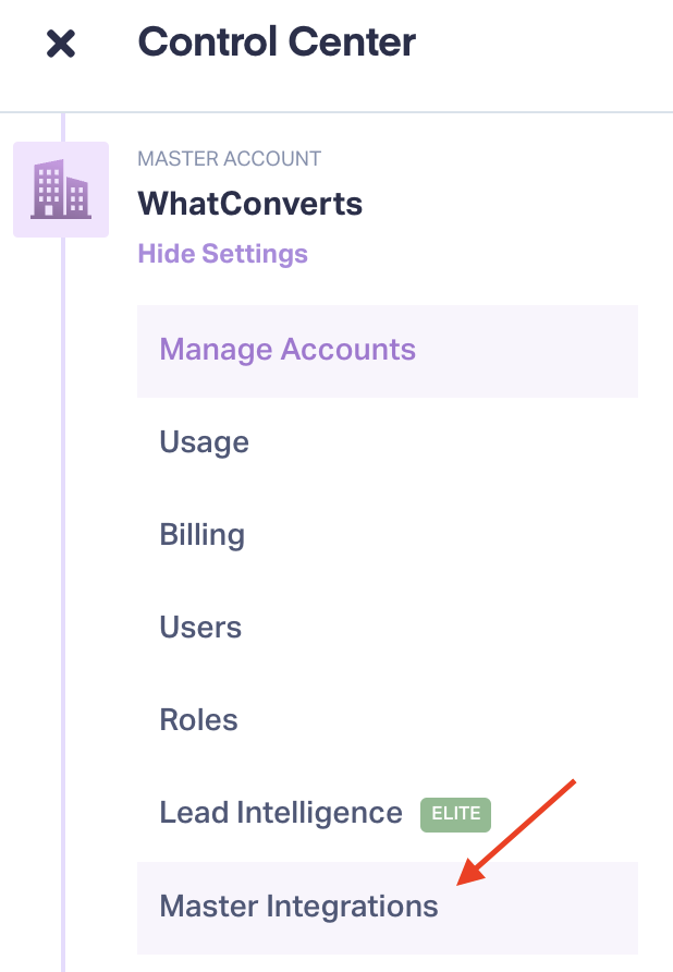 Screenshot of the Master Integrations menu item.