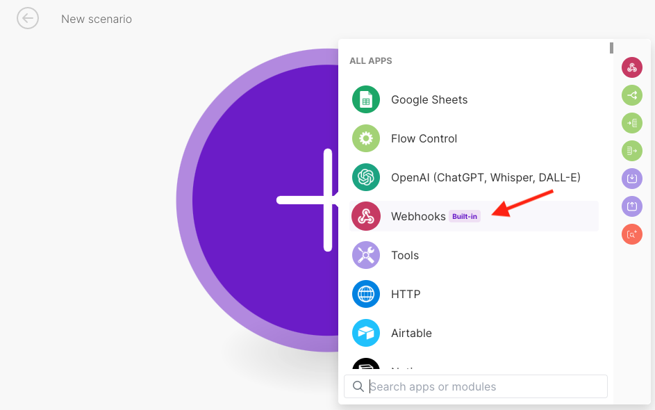 Screenshot of the Webhooks menu item