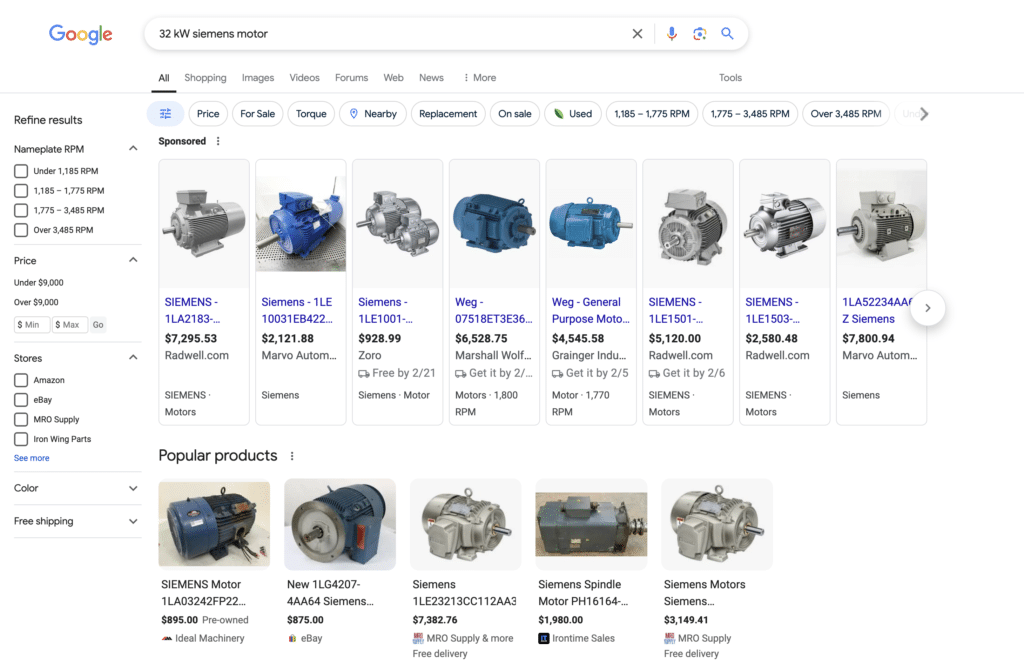 Screenshot of Google search results for an purchase intent search. 
