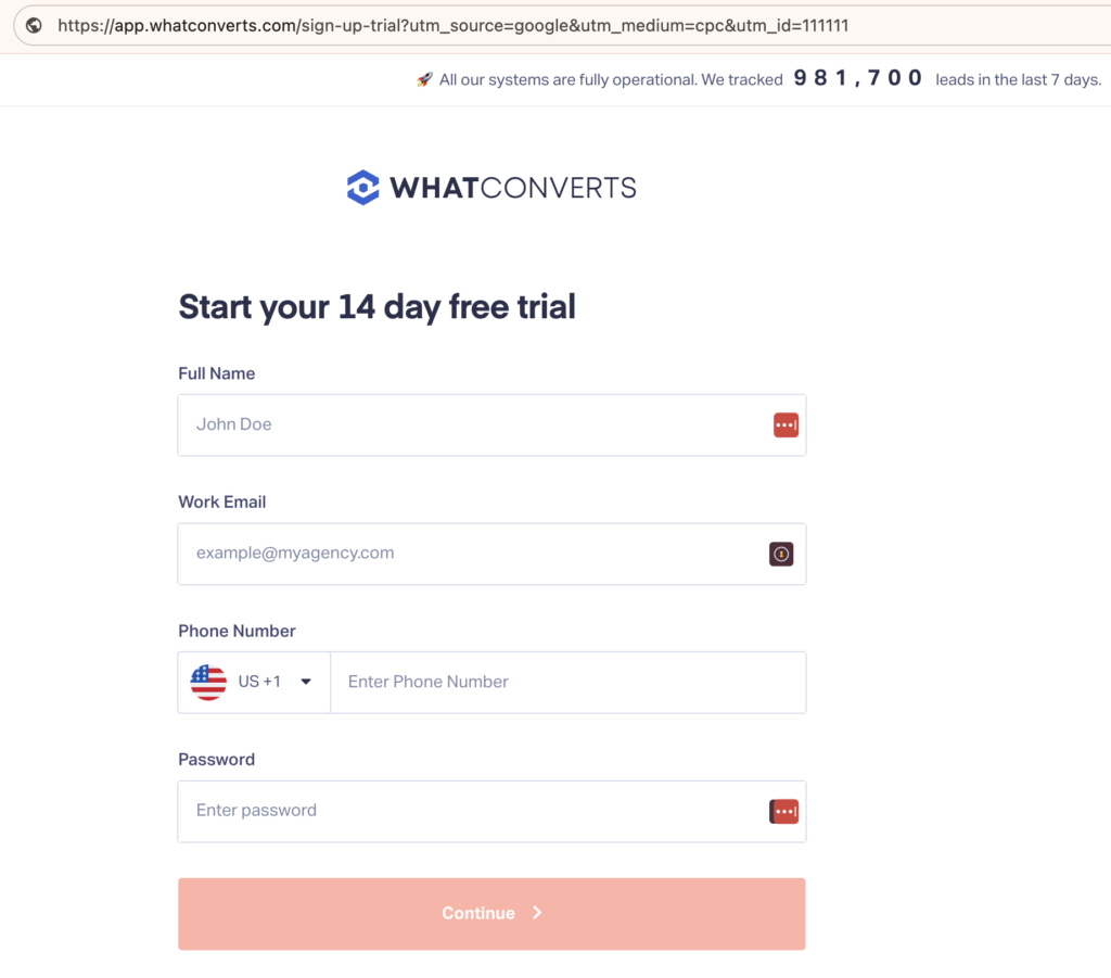 Screenshot of the tracking URL for a sponsored WhatConverts ad