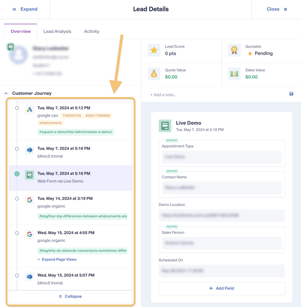 Screenshot showing the complete Customer Journey for a lead inside WhatConverts.