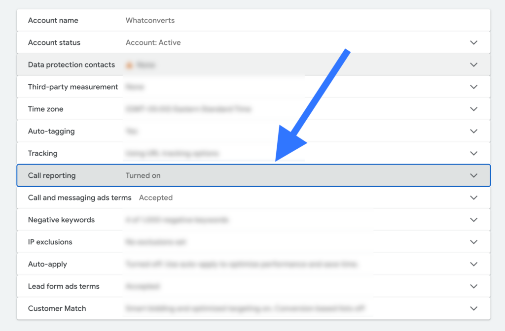 Settings page in Google Ads with "Call reporting" turned on.