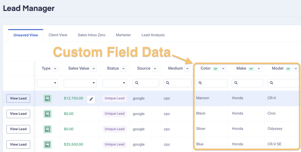 Screenshot showing custom field data in WhatConverts alongside standard attribution data.