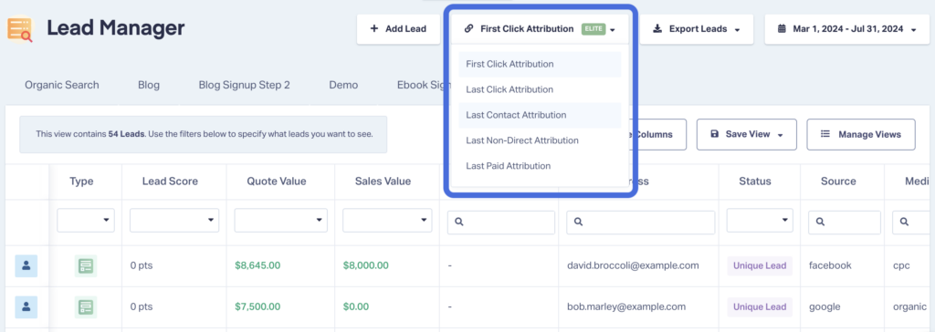 Lead Manager screen showing attribution options like First Click and Last Click Attribution in Google Analytics.