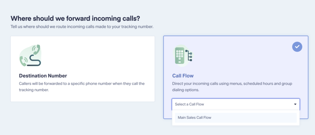 Menu for selecting routing options, showing "Destination Number" and "Call Flow" choices.