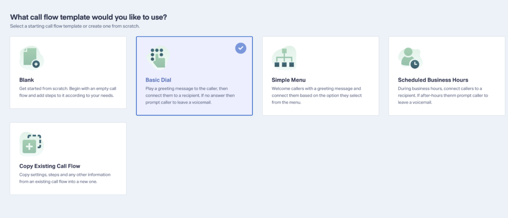 Selection screen for different call flow templates, highlighting "Basic Dial."