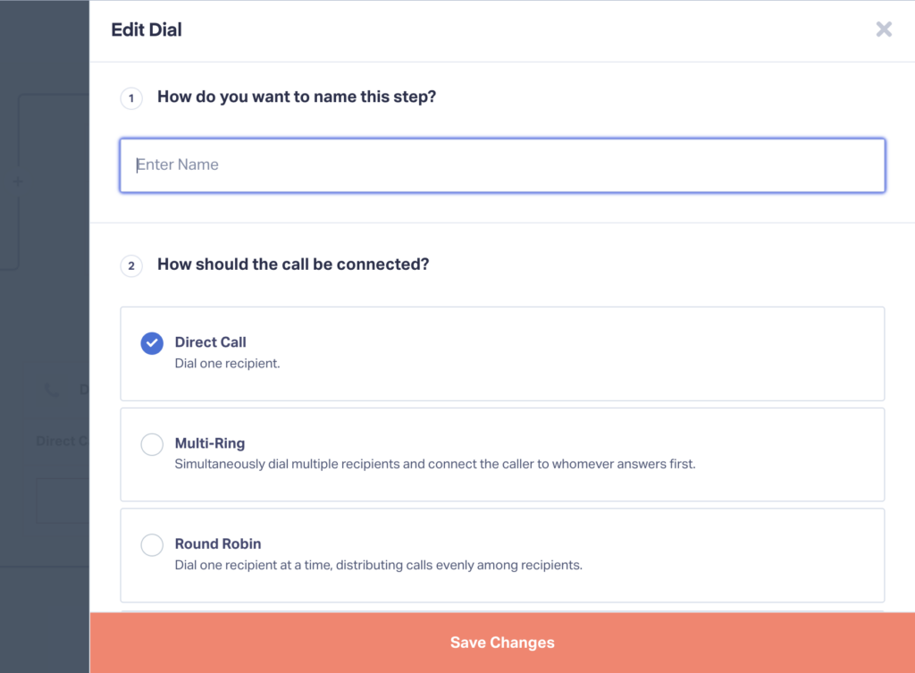 Routing options screen for directing incoming calls, with "Call Flow" selected.
