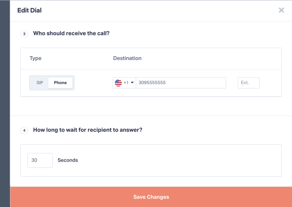 Form for editing a call flow step, focused on dialing a recipient.