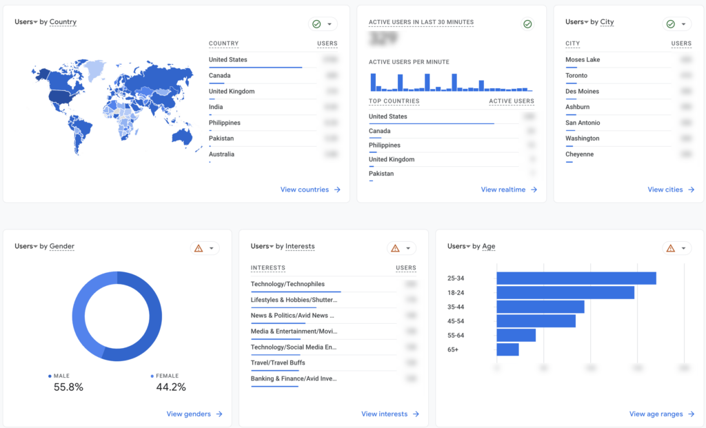 Google Analytics dashboard with user demographics, interests, and real-time data visualizations by country and city.