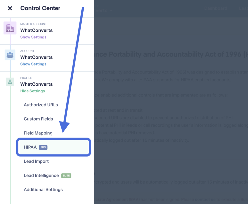 Control Center menu highlighting the HIPAA compliance section.