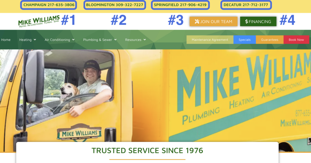 Website header featuring multiple dynamic phone numbers for different locations above a branded service truck.