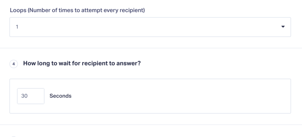 Settings interface for adjusting call loops and wait times in a round robin phone system.