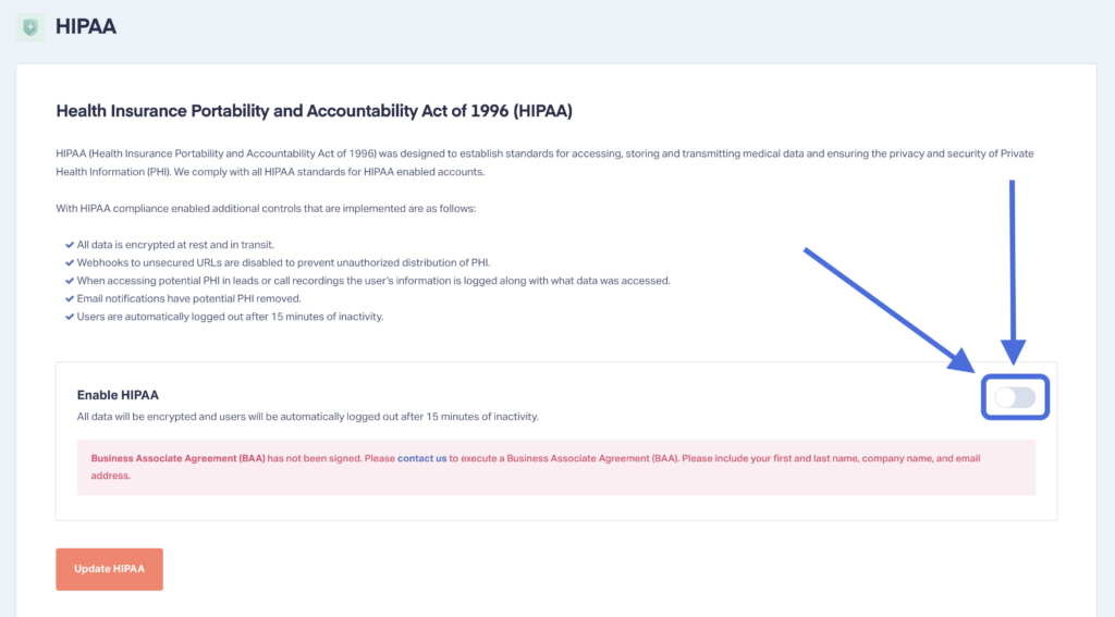 HIPAA compliance screen with a toggle to enable encryption and additional security features.