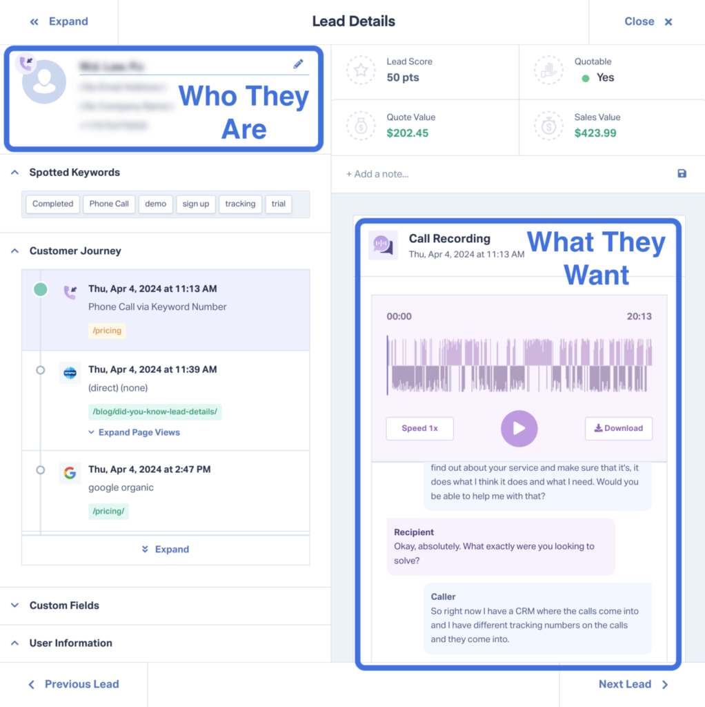 Screenshot of the lead details screen in WhatConverts, showing contact information (the who) and call recordings and transcription (the what)