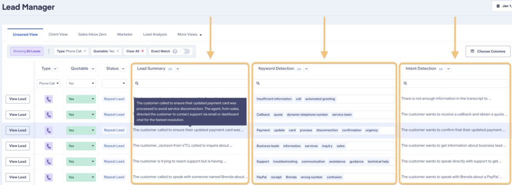 Screenshot of Lead Analysis columns in WhatConverts, which can be accessed right from the Lead Manager.