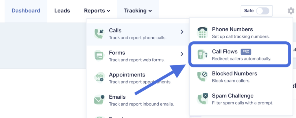 Dropdown menu highlighting the "Call Flows" option under the Tracking tab for managing round robin phone system redirects.