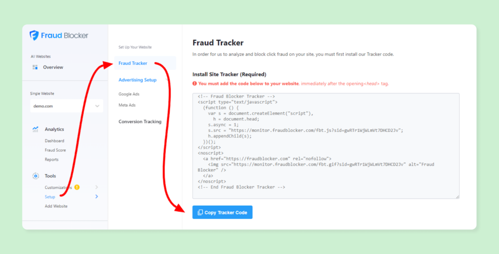 Fraud Blocker interface with instructions to install a site tracker code.