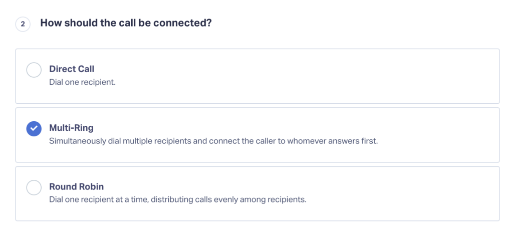 Options for connecting calls, including Direct Call, Multi-Ring, and Round Robin, with Multi-Ring selected.