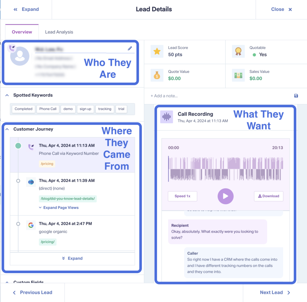 Lead details page with customer journey, call recording, and lead score for Google Ads lead generation. 