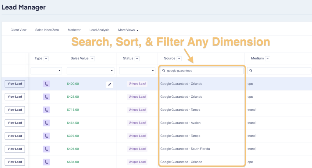 Screenshot showing how easy it is to search, sort, and filter data inside the WhatConverts Lead Manager.