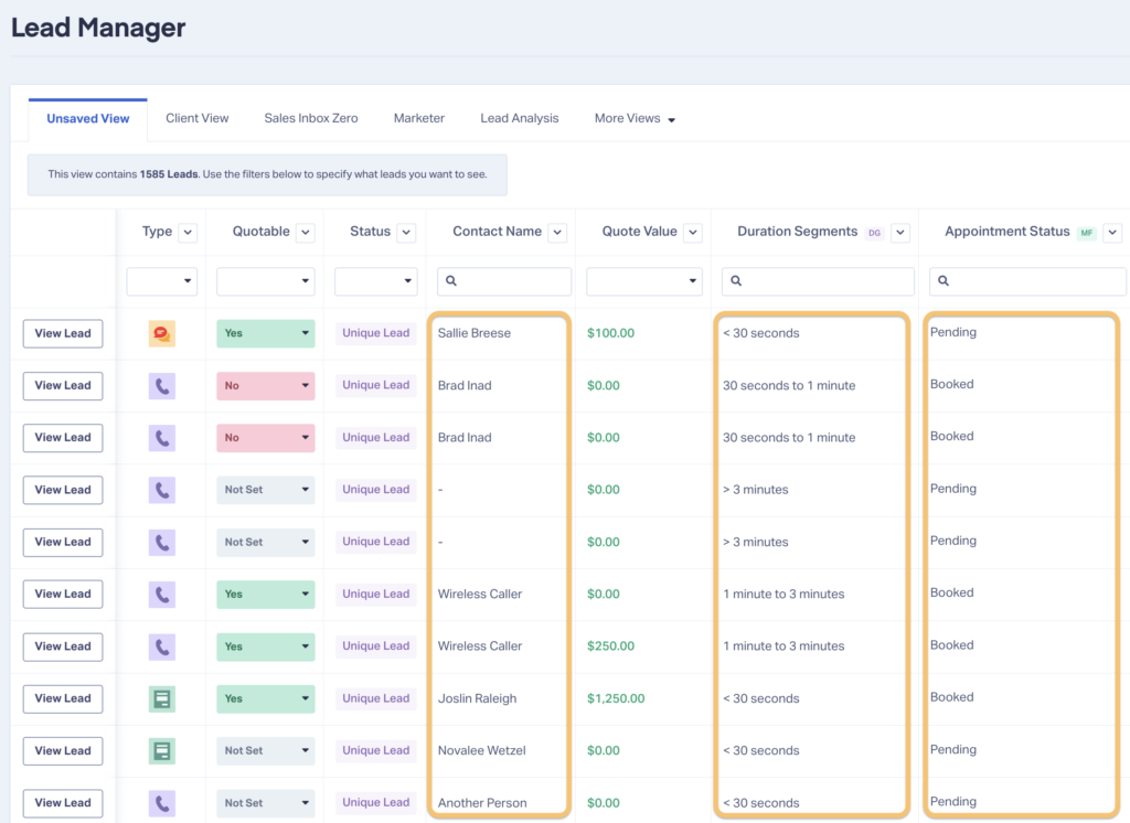 Screenshot of Lead Manager data inside WhatConverts where personal information is not blurred out.