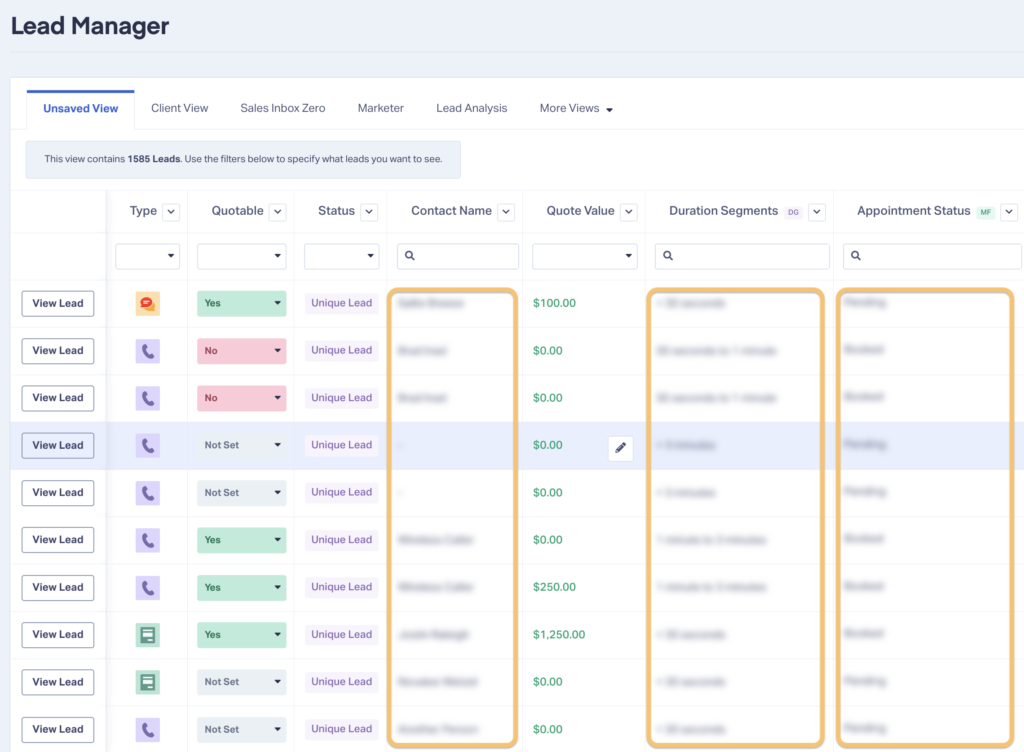 Screenshot of Lead Manager data inside WhatConverts where personal information is blurred out using Safe Mode.