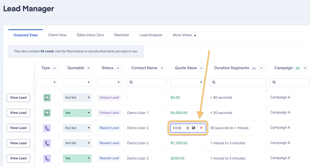 Screenshot showing how to update lead value from the WhatConverts Lead Manager.
