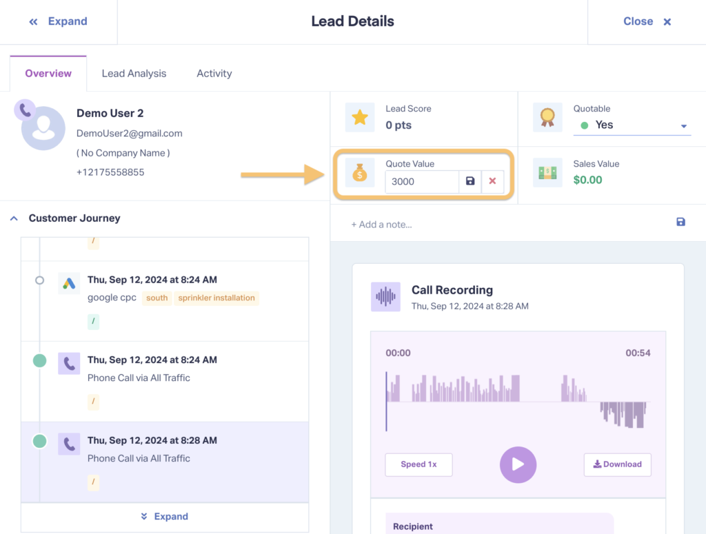 Screenshot showing how to update lead value from the WhatConverts Lead Details page.