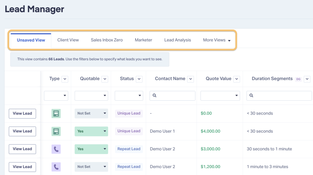 Screenshot showing where custom views are within the WhatConverts Lead Manager.