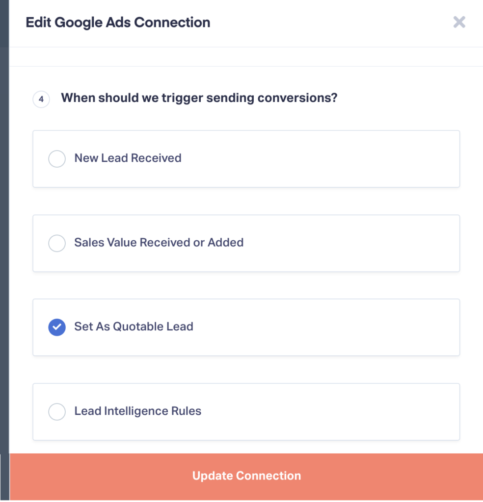 Screenshot showing the WhatConverts Google Ads integration where users can choose to send only certain types of leads to Google as conversions.
