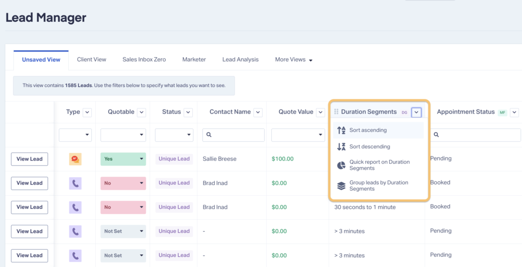 Screenshot showing how to use the dropdown menu in the WhatConverts Lead Manager to sort your lead data.