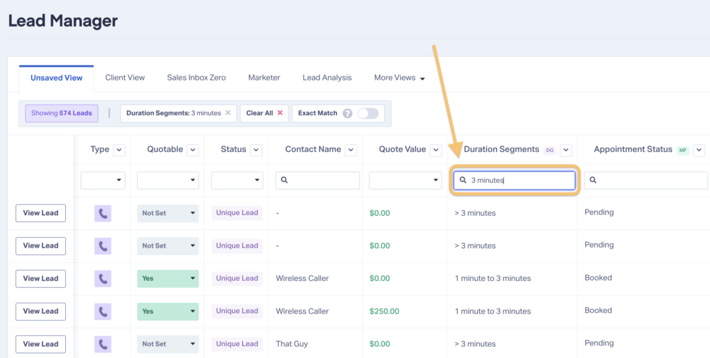 Screenshot showing how to use the filter field in the WhatConverts Lead Manager to filter your lead data.