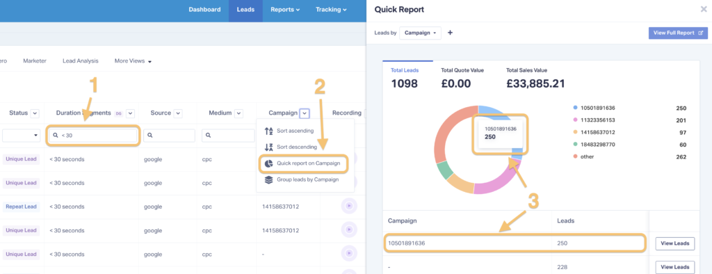 Screenshot of WhatConverts showing how to see which campaigns were producing the most low-quality leads using a Campaigns Quick Report.