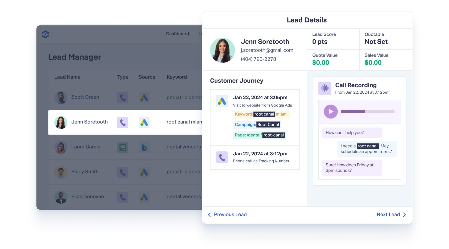 The Lead Details from the WhatConverts application is shown